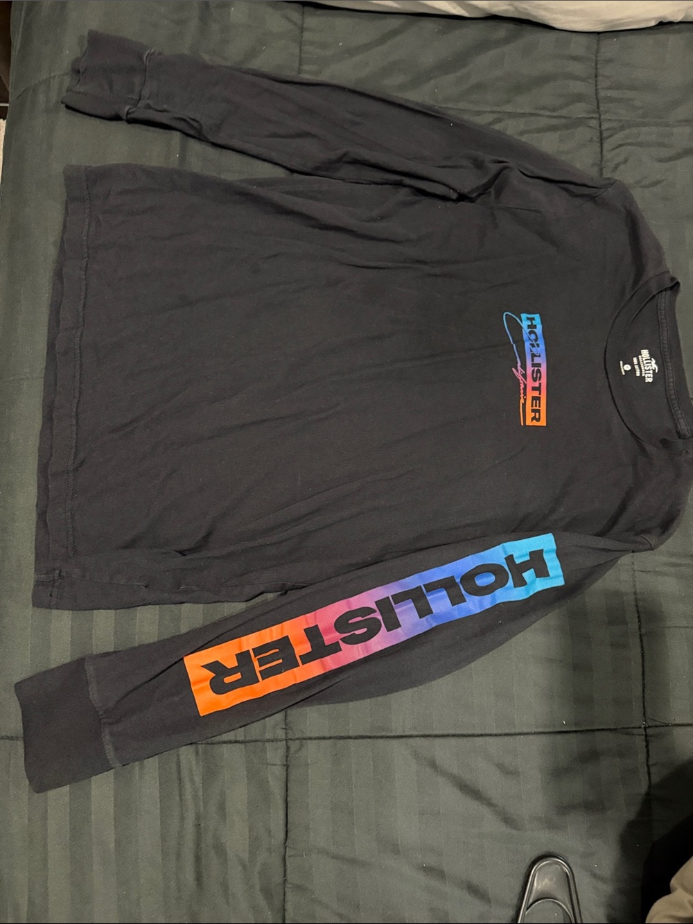 Hollister Black Long Sleeve Tee with Rainbow Sleeve Logo